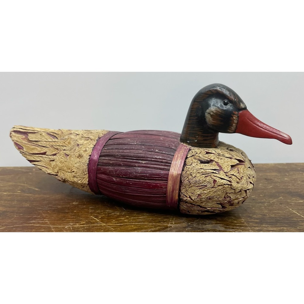 Hand Carved Wood Duck Figurine Rustic Corn Husk Farmhouse Decor Folk Art 11"